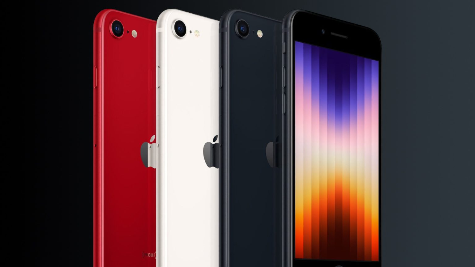 A lineup of the iPhone SE in three colors: red, white, and black, displayed against a gradient black background. The red and white models are shown from the back, highlighting their sleek glass finish and single camera setup, while the black model is shown from the front, showcasing its vibrant screen. The Apple logo is prominently featured on the back of each device.