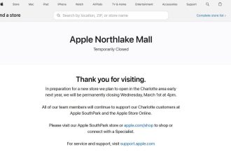 Apple Northlake Mall store webpage announcing temporary closure, thanking visitors, and providing information about a new store opening in Charlotte early next year, along with details for continuing support at Apple SouthPark and online services