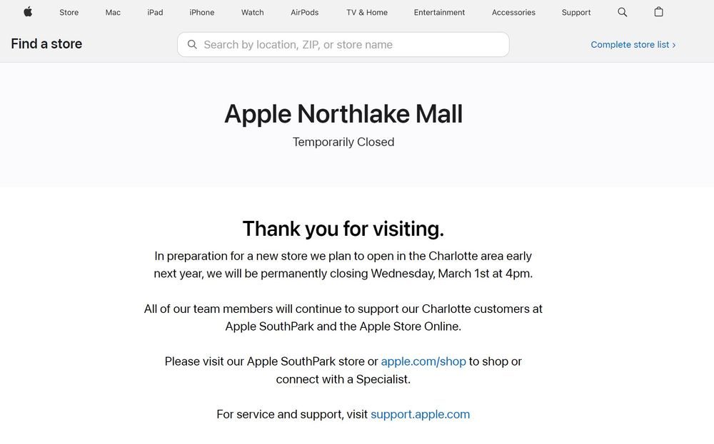 Apple Northlake Mall store webpage announcing temporary closure, thanking visitors, and providing information about a new store opening in Charlotte early next year, along with details for continuing support at Apple SouthPark and online services