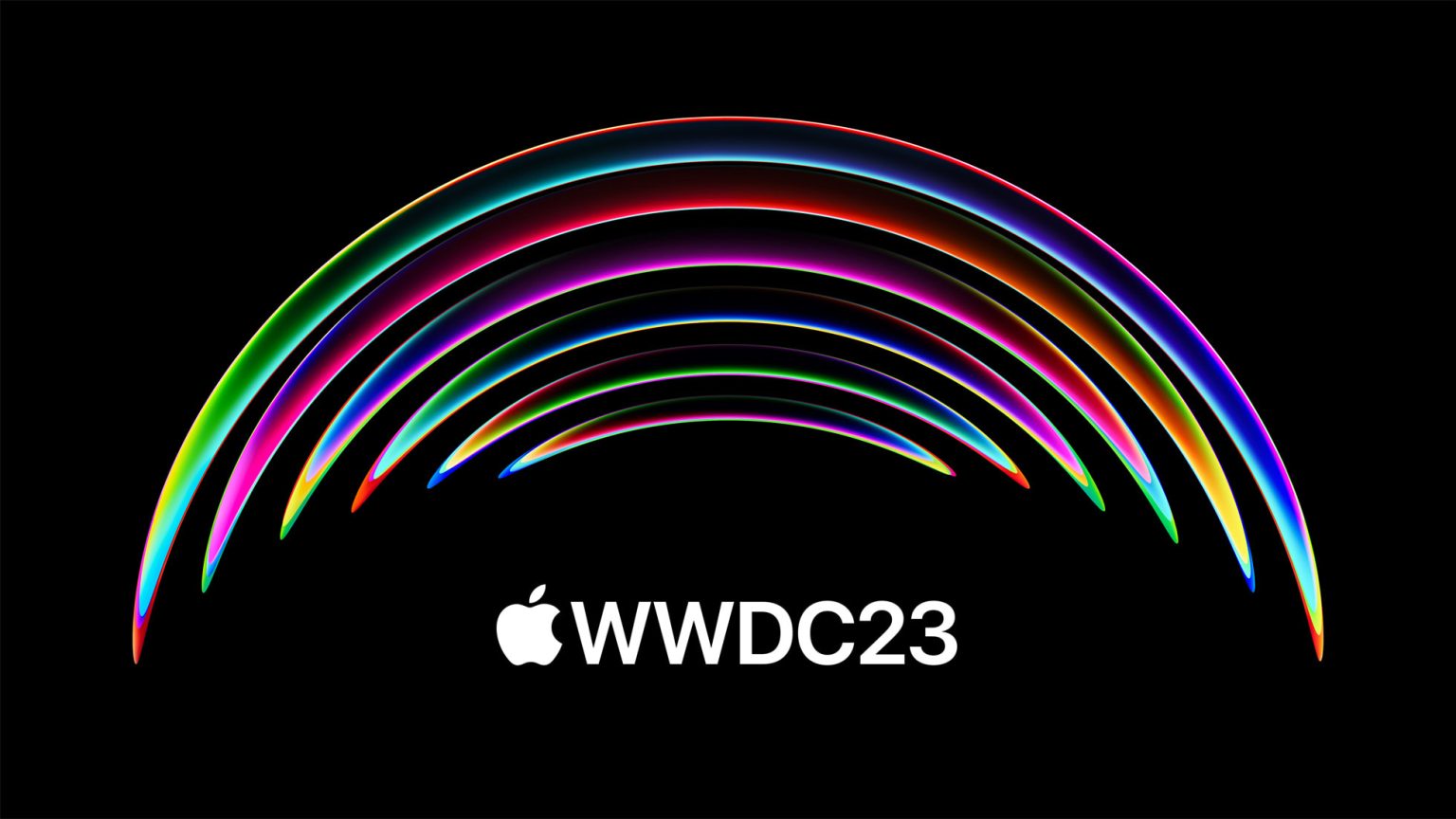 Colorful arcs on a black background with the Apple logo and “WWDC23” text in white, representing Apple’s Worldwide Developers Conference 2023