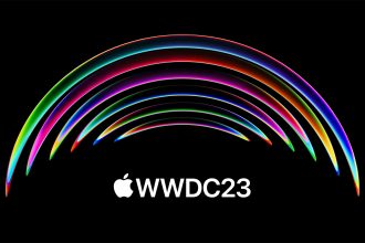 Colorful arcs on a black background with the Apple logo and “WWDC23” text in white, representing Apple’s Worldwide Developers Conference 2023