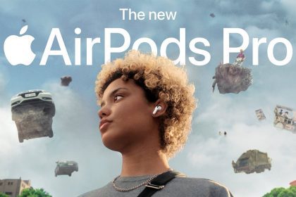 Advertisement for the new Apple AirPods Pro, featuring a young woman wearing the earbuds, with floating objects like cars and people in the background, creating a surreal environment