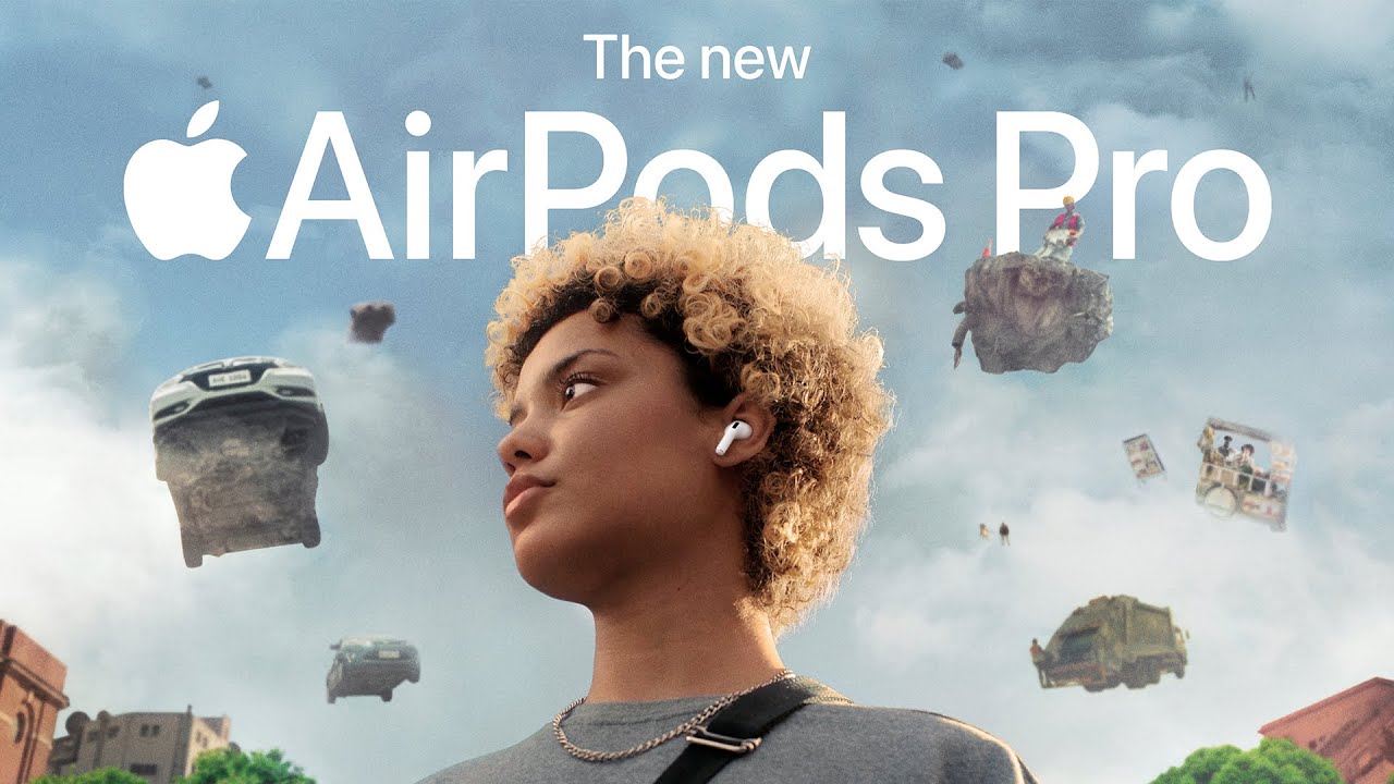 Advertisement for the new Apple AirPods Pro, featuring a young woman wearing the earbuds, with floating objects like cars and people in the background, creating a surreal environment