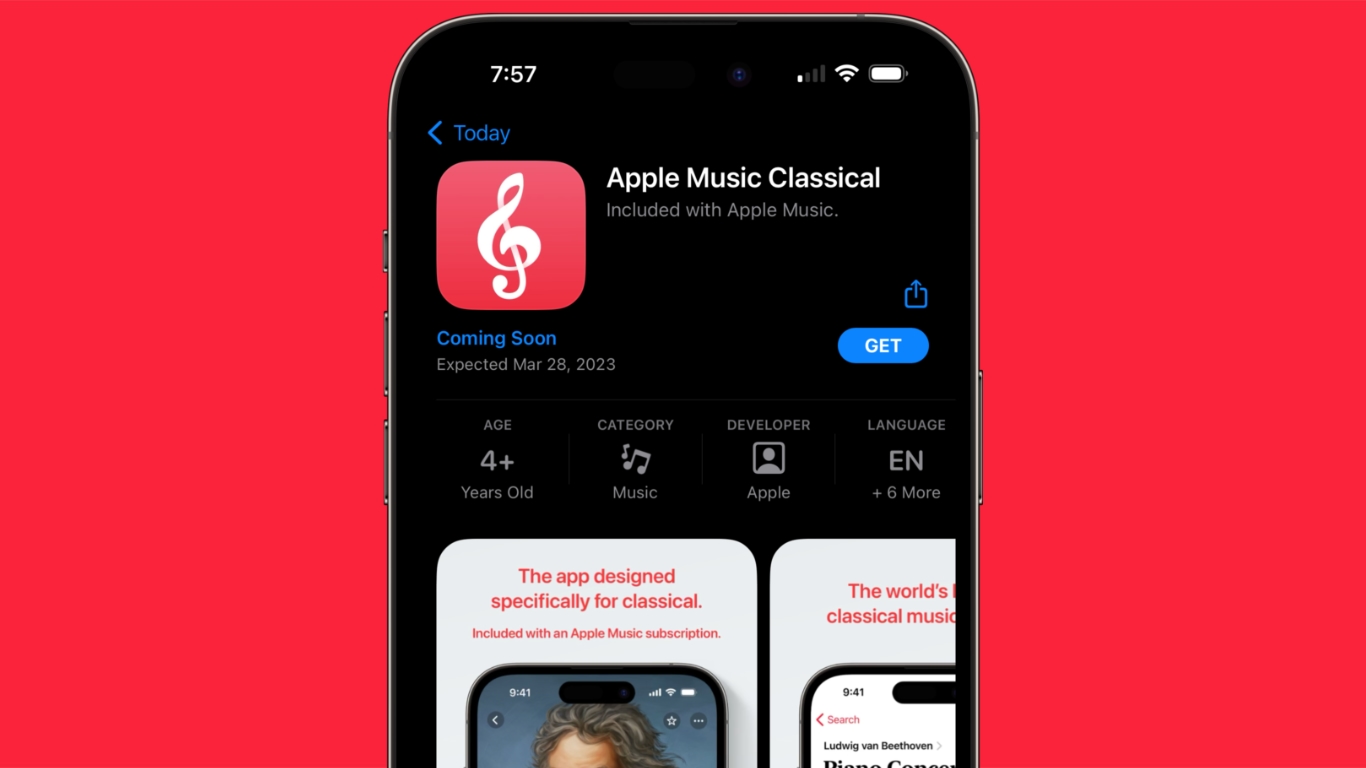 Apple Music Classical app listing on an iPhone screen, highlighting the ‘Coming Soon’ status with an expected release date of March 28, 2023, against a bright red background