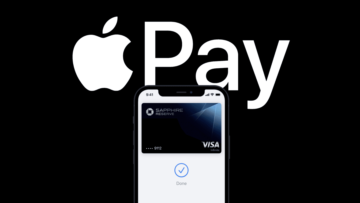 Image showcasing Apple Pay with a Chase Sapphire Reserve Visa card displayed on an iPhone screen against a black background with the Apple Pay logo