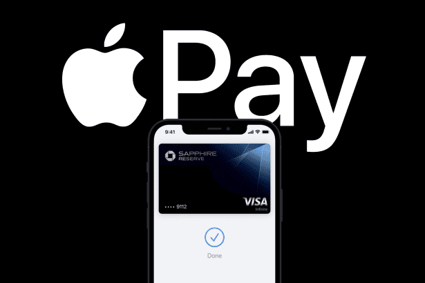 Image showcasing Apple Pay with a Chase Sapphire Reserve Visa card displayed on an iPhone screen against a black background with the Apple Pay logo