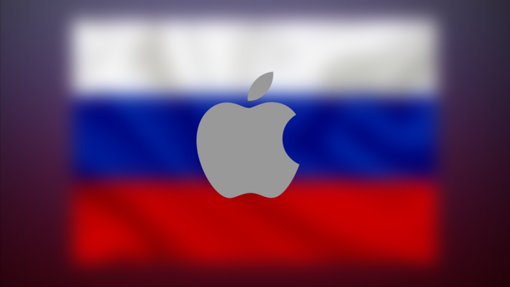 Image showing the Apple logo centered over the Russian flag with a gradient background