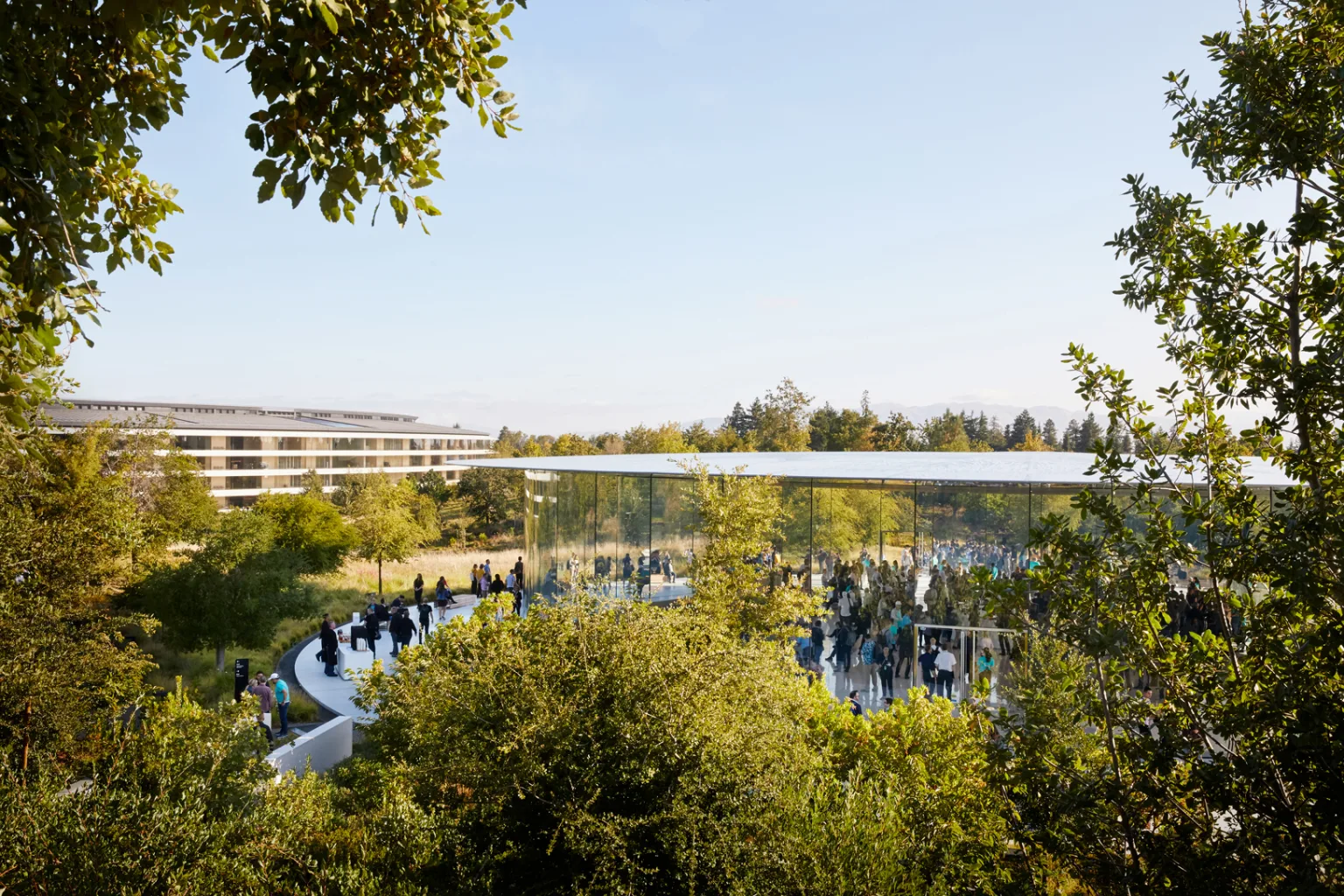 View of the Steve Jobs Theater at Apple Park, surrounded by lush greenery and trees. The glass-walled auditorium is filled with people, and the main Apple Park building is visible in the background. The sky is clear and blue, creating a serene and vibrant atmosphere