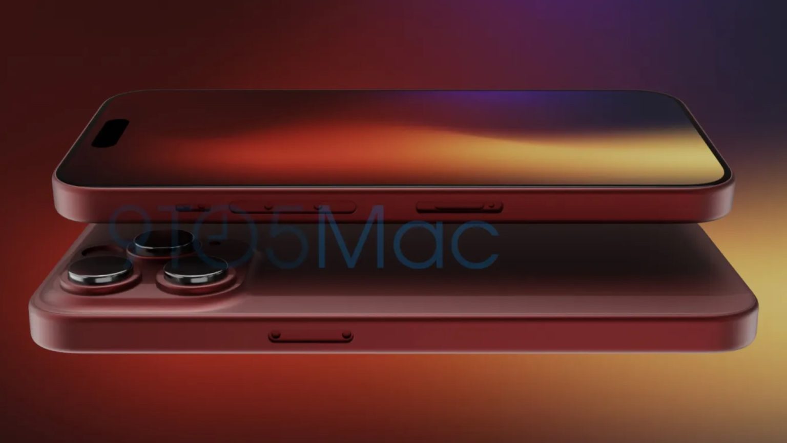 Render of the rumored new maroon color for the Apple iPhone 15, showcasing the front and back views with a vibrant display and triple camera setup, against a gradient background