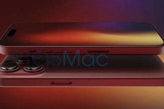 Render of the rumored new maroon color for the Apple iPhone 15, showcasing the front and back views with a vibrant display and triple camera setup, against a gradient background