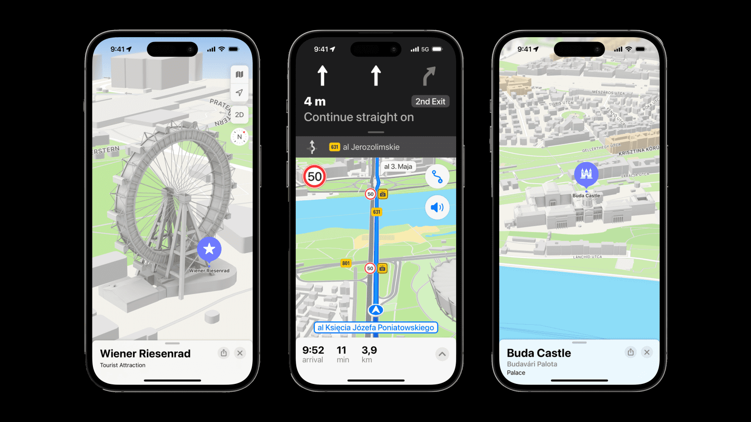 Three iPhones displaying updated Apple Maps with detailed 3D landmarks and navigation features in European cities. The left iPhone shows a 3D model of the Wiener Riesenrad, a famous Ferris wheel in Vienna. The middle iPhone displays a navigation route with a turn-by-turn direction in Poland, showing traffic and speed limits. The right iPhone features a 3D model of Buda Castle in Budapest, with surrounding city details.