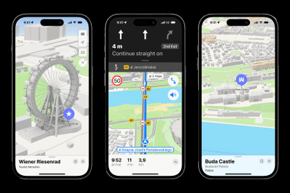 Three iPhones displaying updated Apple Maps with detailed 3D landmarks and navigation features in European cities. The left iPhone shows a 3D model of the Wiener Riesenrad, a famous Ferris wheel in Vienna. The middle iPhone displays a navigation route with a turn-by-turn direction in Poland, showing traffic and speed limits. The right iPhone features a 3D model of Buda Castle in Budapest, with surrounding city details.