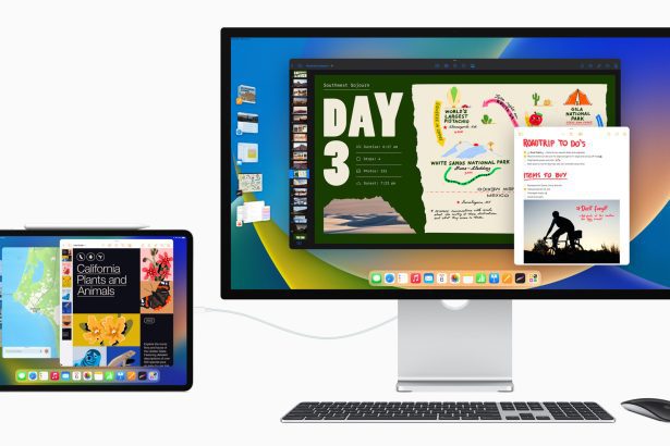 The image displays an Apple iPad connected to an external display. The iPad, positioned on the left, shows multiple app windows, including a map and a presentation on California plants and animals. The external monitor on the right mirrors the iPad’s content with a focus on a detailed road trip plan. A wireless keyboard and mouse are placed in front of the external display,