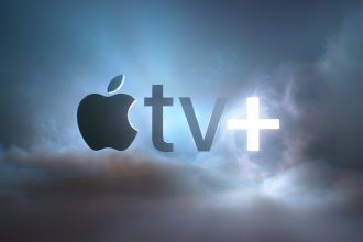 The Apple TV+ logo with the Apple symbol followed by “tv+” glowing against a background of dark clouds and mist, giving it a dramatic and cinematic feel.