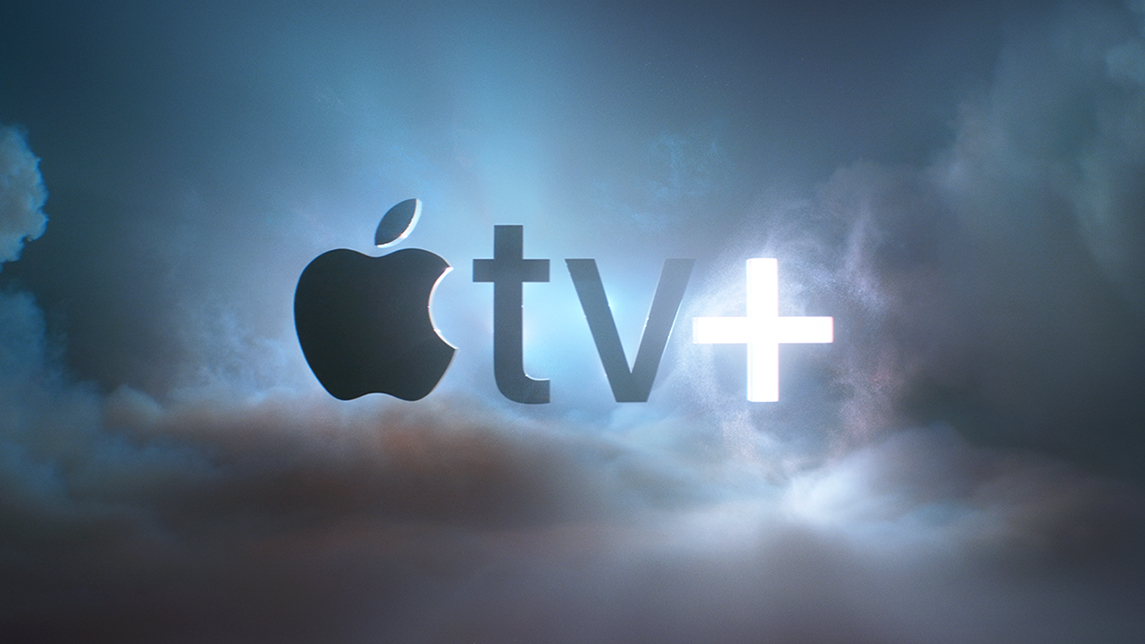 The Apple TV+ logo with the Apple symbol followed by “tv+” glowing against a background of dark clouds and mist, giving it a dramatic and cinematic feel.