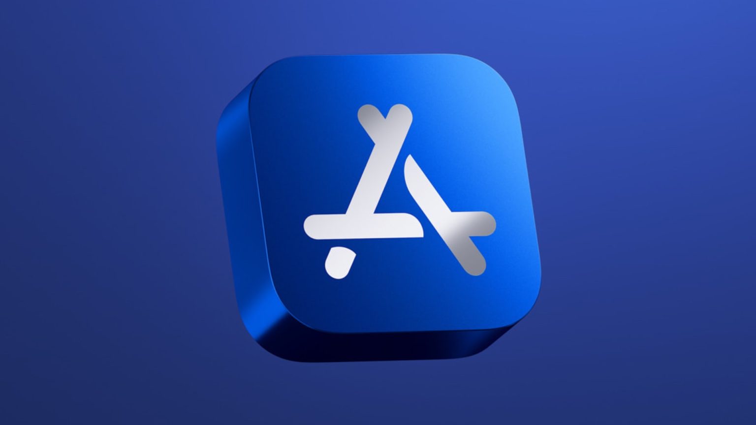 A 3D icon representing the App Store, featuring a blue square with rounded edges and a stylized white “A” symbol made of three lines, on a gradient blue background.