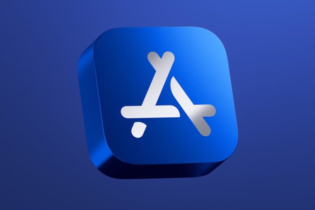 A 3D icon representing the App Store, featuring a blue square with rounded edges and a stylized white “A” symbol made of three lines, on a gradient blue background.