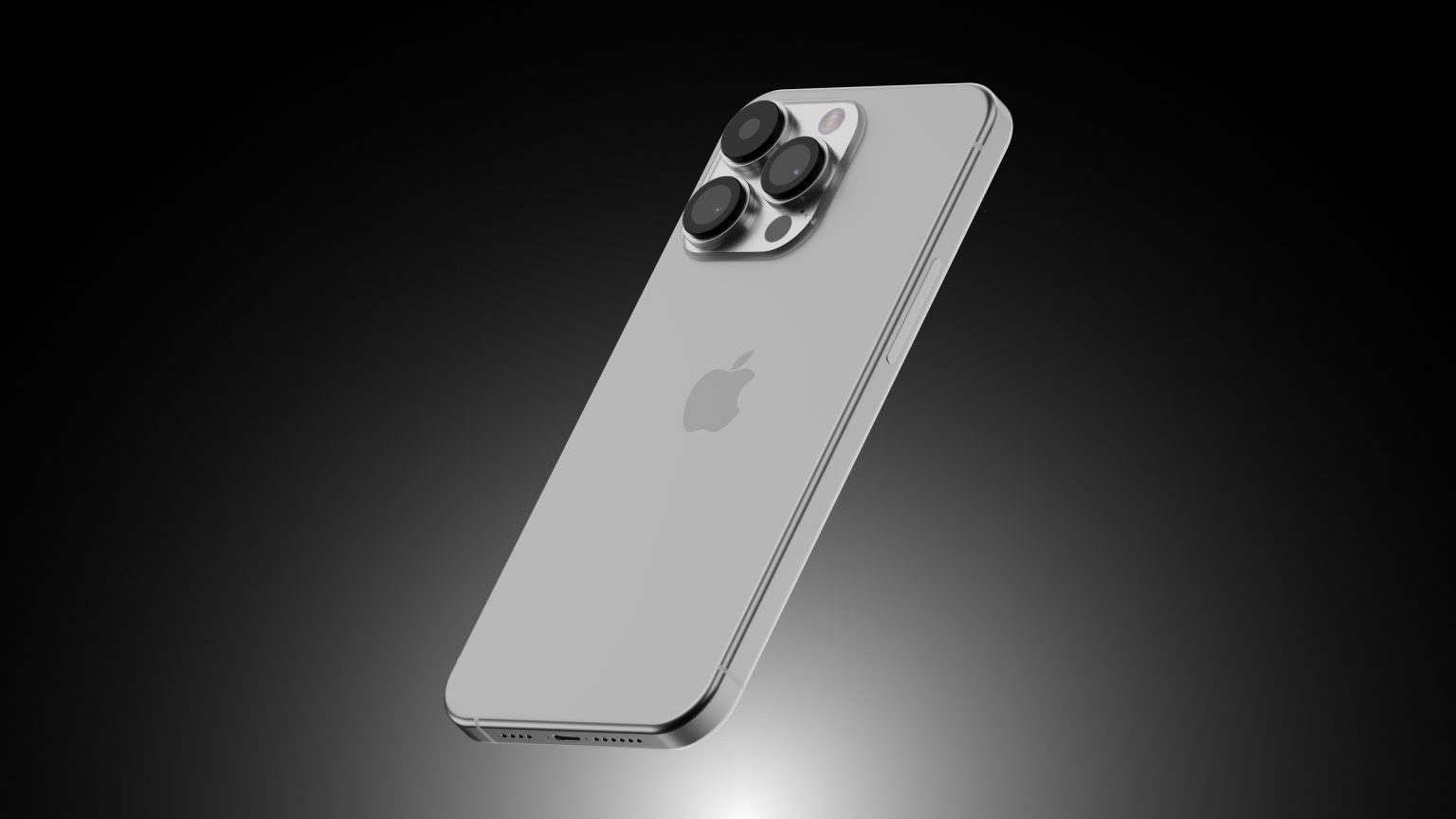 A 3D render of the upcoming iPhone 15 Ultra on a gradient black background. The phone showcases a sleek design with a prominent triple-camera setup on the back and the Apple logo centered below.