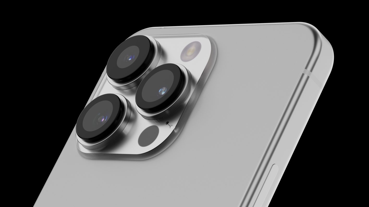 Close-up view of an iPhone 15 Ultra showcasing its advanced camera system against a black background. The image highlights the device’s sleek design with a focus on its triple-camera setup, each lens prominently protruding from the back of the phone. The lenses are arranged in a triangular formation within a raised, polished metal module.