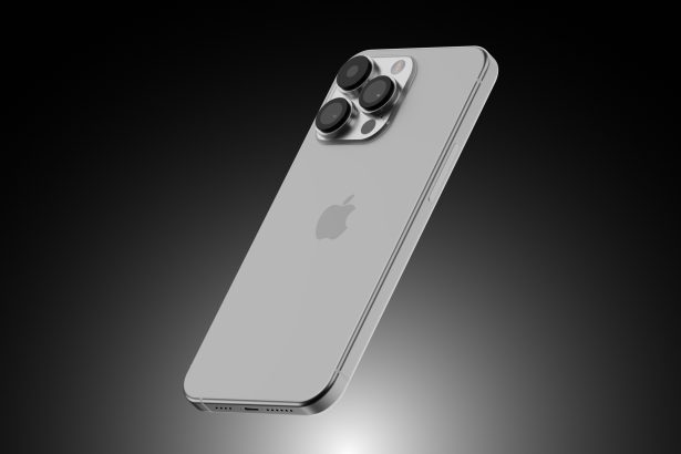 A 3D render of the upcoming iPhone 15 Ultra on a gradient black background. The phone showcases a sleek design with a prominent triple-camera setup on the back and the Apple logo centered below.