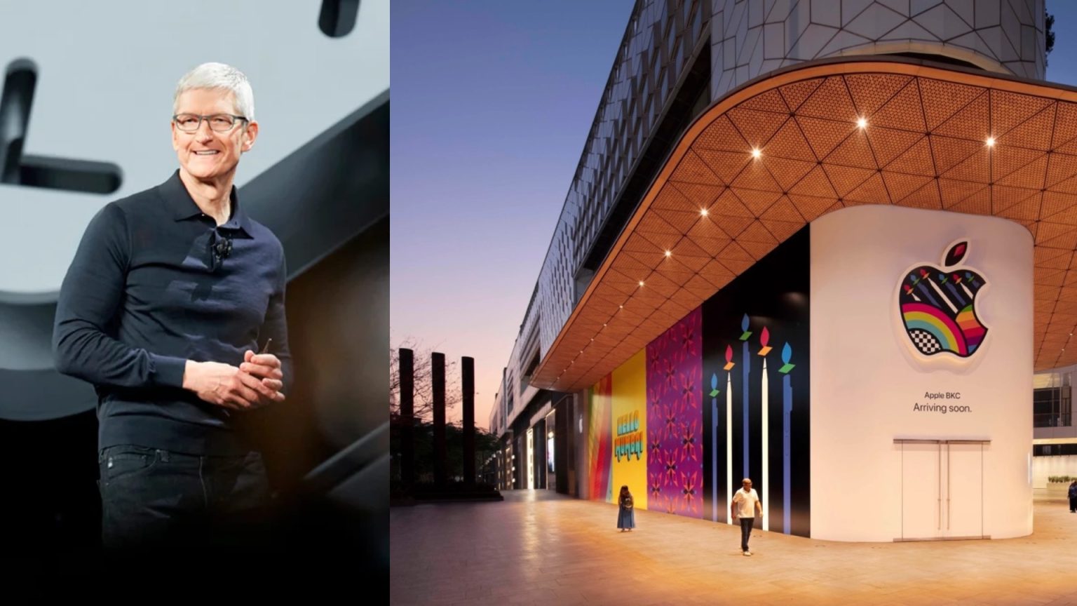 A composite image featuring Tim Cook, CEO of Apple, on the left, smiling and wearing a black polo shirt, during a presentation. On the right, the exterior of the soon-to-be-opened Apple BKC store in India at dusk, with a colorful, patterned Apple logo and the text “Apple BKC Arriving soon.” The storefront is decorated with vibrant murals and modern architecture. People are seen walking and taking photos outside the store.