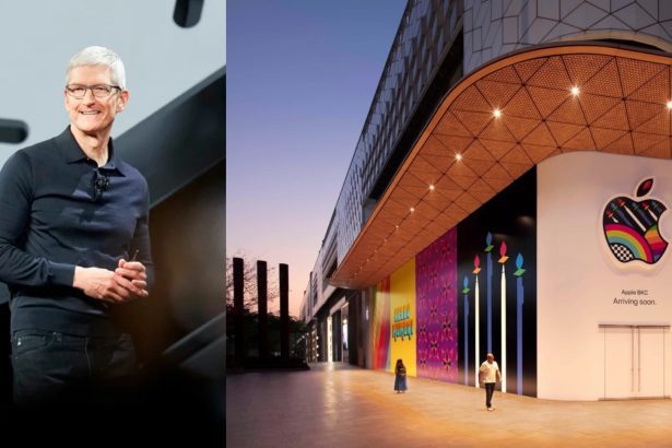 A composite image featuring Tim Cook, CEO of Apple, on the left, smiling and wearing a black polo shirt, during a presentation. On the right, the exterior of the soon-to-be-opened Apple BKC store in India at dusk, with a colorful, patterned Apple logo and the text “Apple BKC Arriving soon.” The storefront is decorated with vibrant murals and modern architecture. People are seen walking and taking photos outside the store.