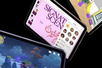 A trio of iPad Air tablets displaying different applications on their screens: one showing a 3D game with vibrant graphics, another displaying a creative design app with a pink and white interface, and the third showcasing a messaging app with various contacts and emojis. The devices are set against a black background, emphasizing their sleek design and high-resolution displays.