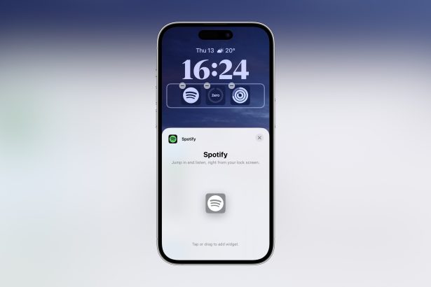 An iPhone displaying a lock screen with a Spotify widget. The lock screen shows the time 16:24, date “Thu 13,” and weather “20°C.” Below the time are three circular widgets, including the Spotify icon. The lower part of the screen shows a prompt to add the Spotify widget with the text: “Spotify - Jump in and listen, right from your lock screen.” The background is a gradient of blue to white.