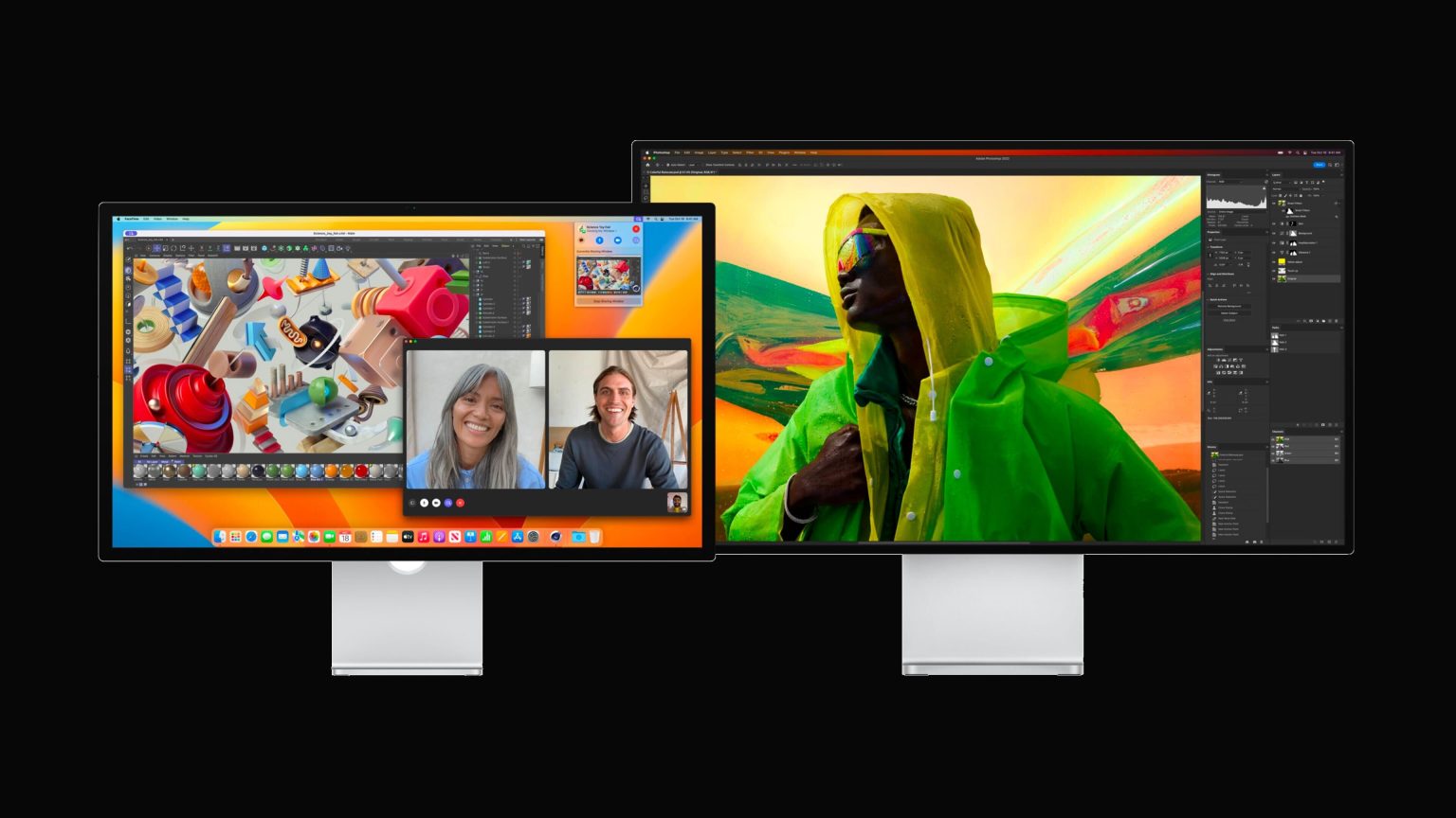 Two Apple monitors on a black background. The left monitor, an Apple Studio Display, shows a 3D design application with a video call in progress featuring two people. The right monitor, an Apple Pro Display XDR, displays a high-resolution, colorful image of a person wearing a green jacket and sunglasses. Both monitors highlight Apple’s capabilities in creative and professional work environments.