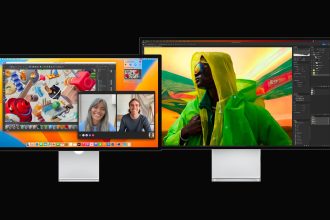 Two Apple monitors on a black background. The left monitor, an Apple Studio Display, shows a 3D design application with a video call in progress featuring two people. The right monitor, an Apple Pro Display XDR, displays a high-resolution, colorful image of a person wearing a green jacket and sunglasses. Both monitors highlight Apple’s capabilities in creative and professional work environments.