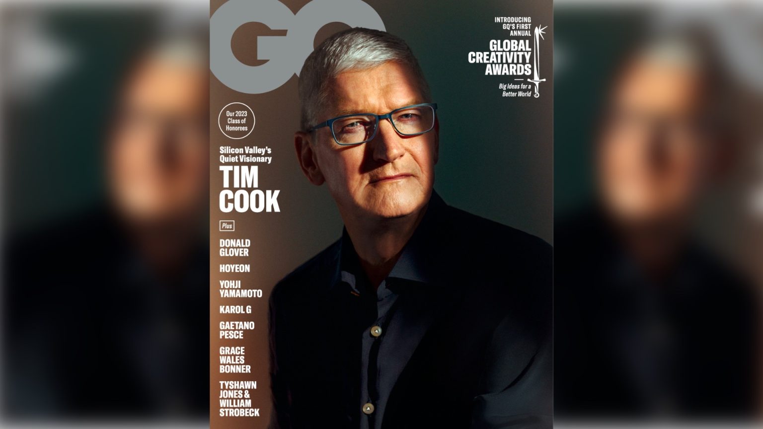 Tim Cook, Apple’s CEO, on the cover of GQ magazine’s Global Creativity Awards edition. The cover features the headline “Silicon Valley’s Quiet Visionary: Tim Cook” along with mentions of other honorees including Donald Glover, Hoyeon, Yohji Yamamoto, Karol G, Gaetano Pesce, Grace Wales Bonner, and Tyshawn Jones & William Strobeck.