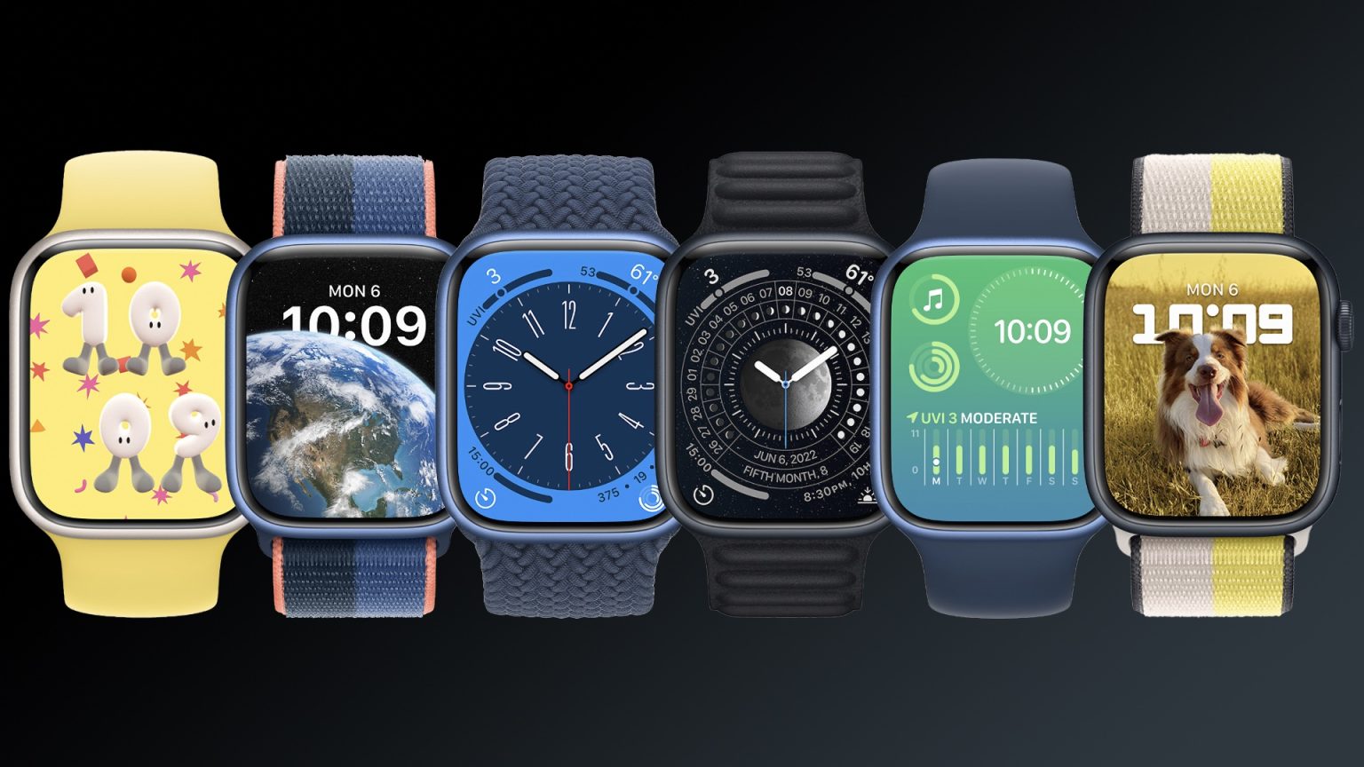 A lineup of six Apple Watches with various band styles and watch faces, displaying different designs including a yellow background with characters, a view of Earth, a traditional clock face, a lunar phase calendar, an activity tracker, and a photo of a dog