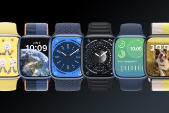 A lineup of six Apple Watches with various band styles and watch faces, displaying different designs including a yellow background with characters, a view of Earth, a traditional clock face, a lunar phase calendar, an activity tracker, and a photo of a dog