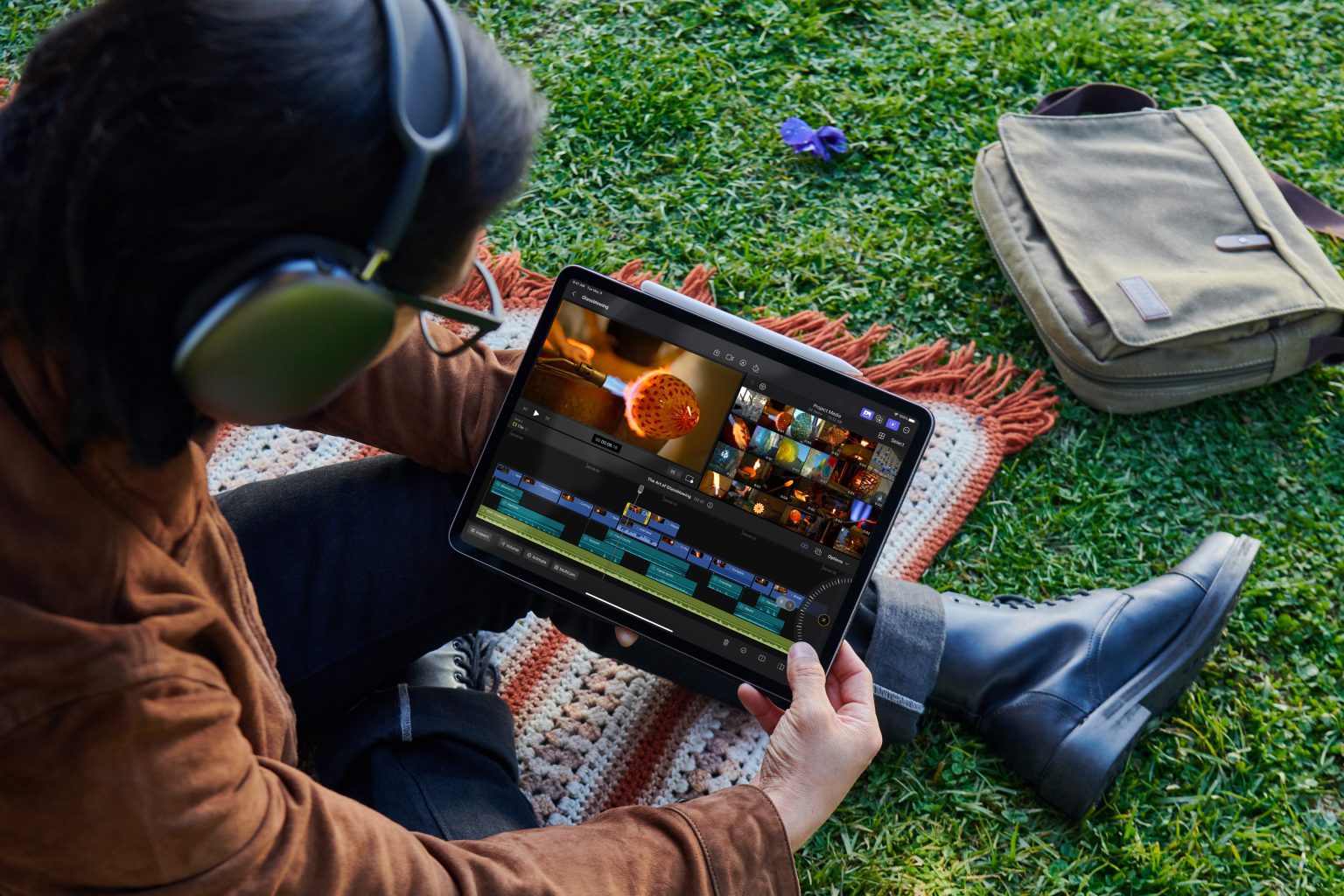 A person is sitting on the grass, editing a video on an iPad using Final Cut Pro. They are wearing large over-ear headphones and a brown jacket, with a small bag and a blanket beside them. The iPad screen shows various video clips and editing tools, demonstrating its powerful video editing capabilities even in an outdoor setting.