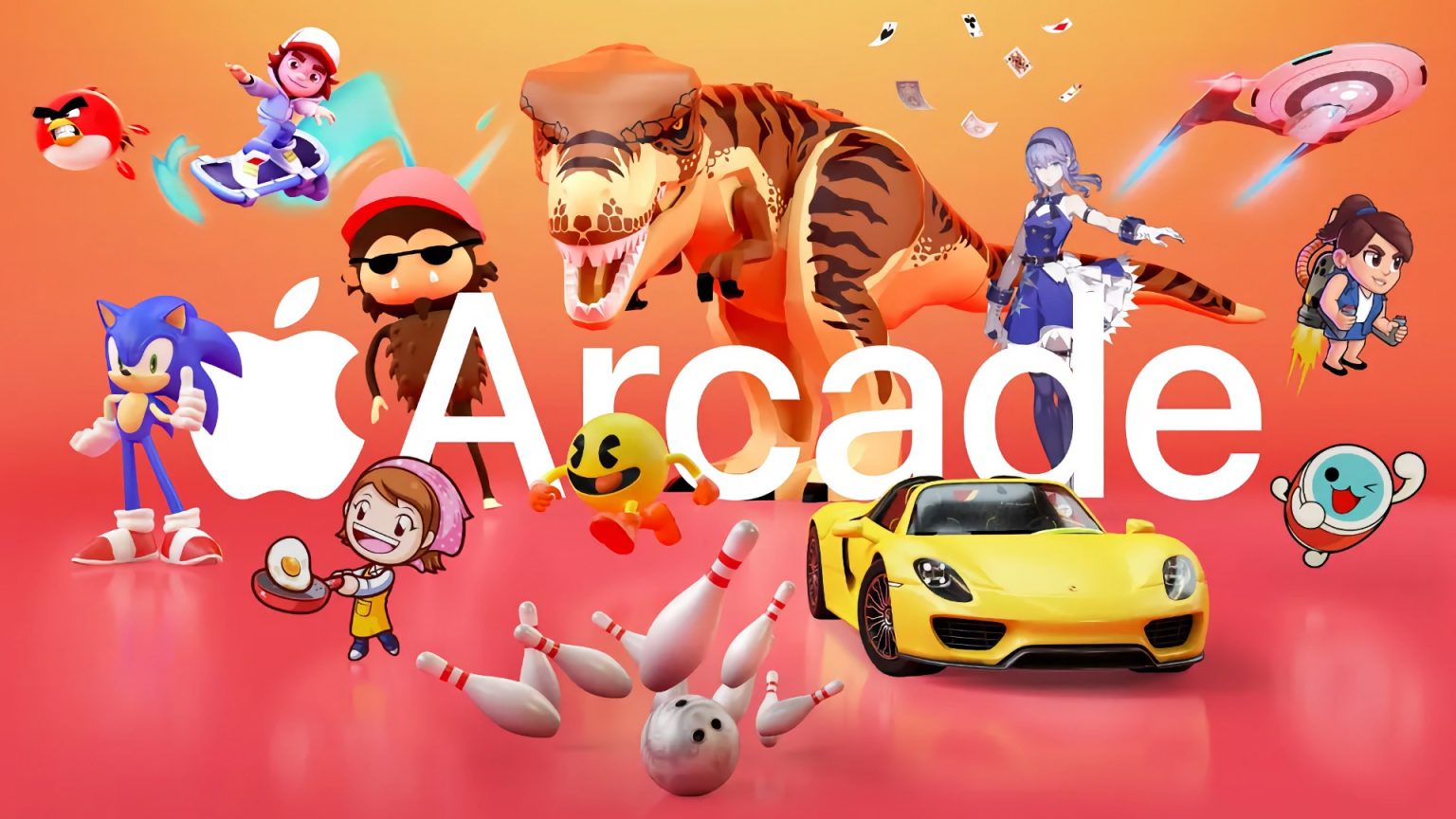 The image showcases the Apple Arcade logo prominently in the center against a vibrant, gradient background. Surrounding the logo are various animated and gaming characters from popular games, including Sonic the Hedgehog, Pac-Man, and others, along with a yellow sports car, a bowling ball, and pins. These elements highlight the diverse range of games and entertainment options available on Apple Arcade.