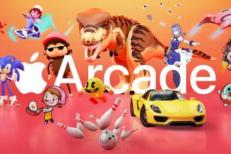 The image showcases the Apple Arcade logo prominently in the center against a vibrant, gradient background. Surrounding the logo are various animated and gaming characters from popular games, including Sonic the Hedgehog, Pac-Man, and others, along with a yellow sports car, a bowling ball, and pins. These elements highlight the diverse range of games and entertainment options available on Apple Arcade.