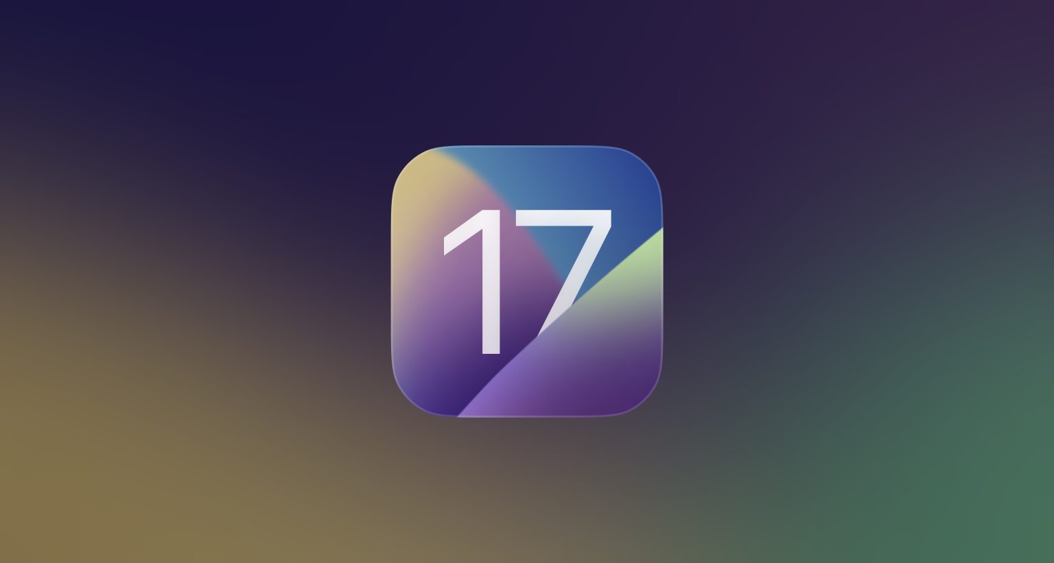 iOS 17 logo displayed against a gradient background with shades of purple, green, and yellow.