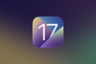 iOS 17 logo displayed against a gradient background with shades of purple, green, and yellow.