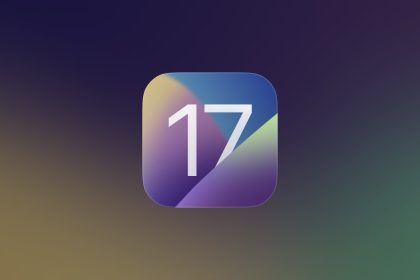 iOS 17 logo displayed against a gradient background with shades of purple, green, and yellow.