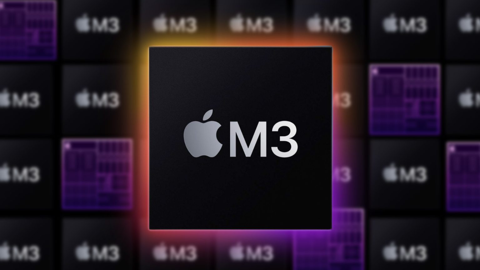 A graphic image highlighting Apple’s M3 chip. The central focus is a large, black square chip with the Apple logo and “M3” text. The background features a pattern of smaller M3 chips in various shades of purple and black, creating a visually striking effect.