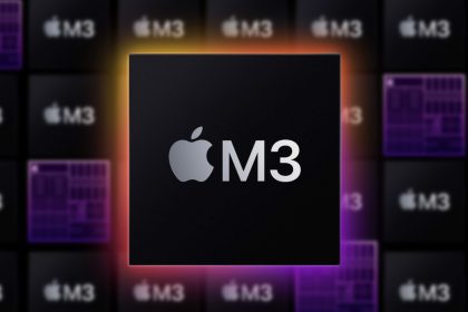 A graphic image highlighting Apple’s M3 chip. The central focus is a large, black square chip with the Apple logo and “M3” text. The background features a pattern of smaller M3 chips in various shades of purple and black, creating a visually striking effect.