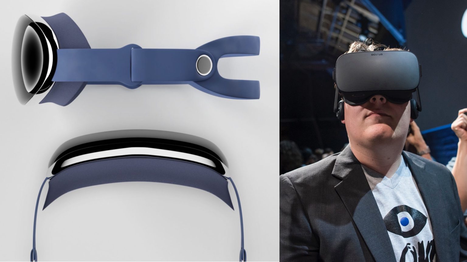 A composite image showing a top view of an Apple VR headset on the left and a person wearing an Oculus VR headset on the right. The top view of the Apple VR headset displays its sleek, modern design with a curved front and a comfortable-looking headband in a deep blue color. The person on the right is Palmer Luckey, the founder of Oculus, wearing an Oculus VR headset. He is dressed in a casual outfit with a T-shirt featuring the Oculus logo and a blazer, indicating the context of a tech event.