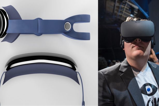 A composite image showing a top view of an Apple VR headset on the left and a person wearing an Oculus VR headset on the right. The top view of the Apple VR headset displays its sleek, modern design with a curved front and a comfortable-looking headband in a deep blue color. The person on the right is Palmer Luckey, the founder of Oculus, wearing an Oculus VR headset. He is dressed in a casual outfit with a T-shirt featuring the Oculus logo and a blazer, indicating the context of a tech event.