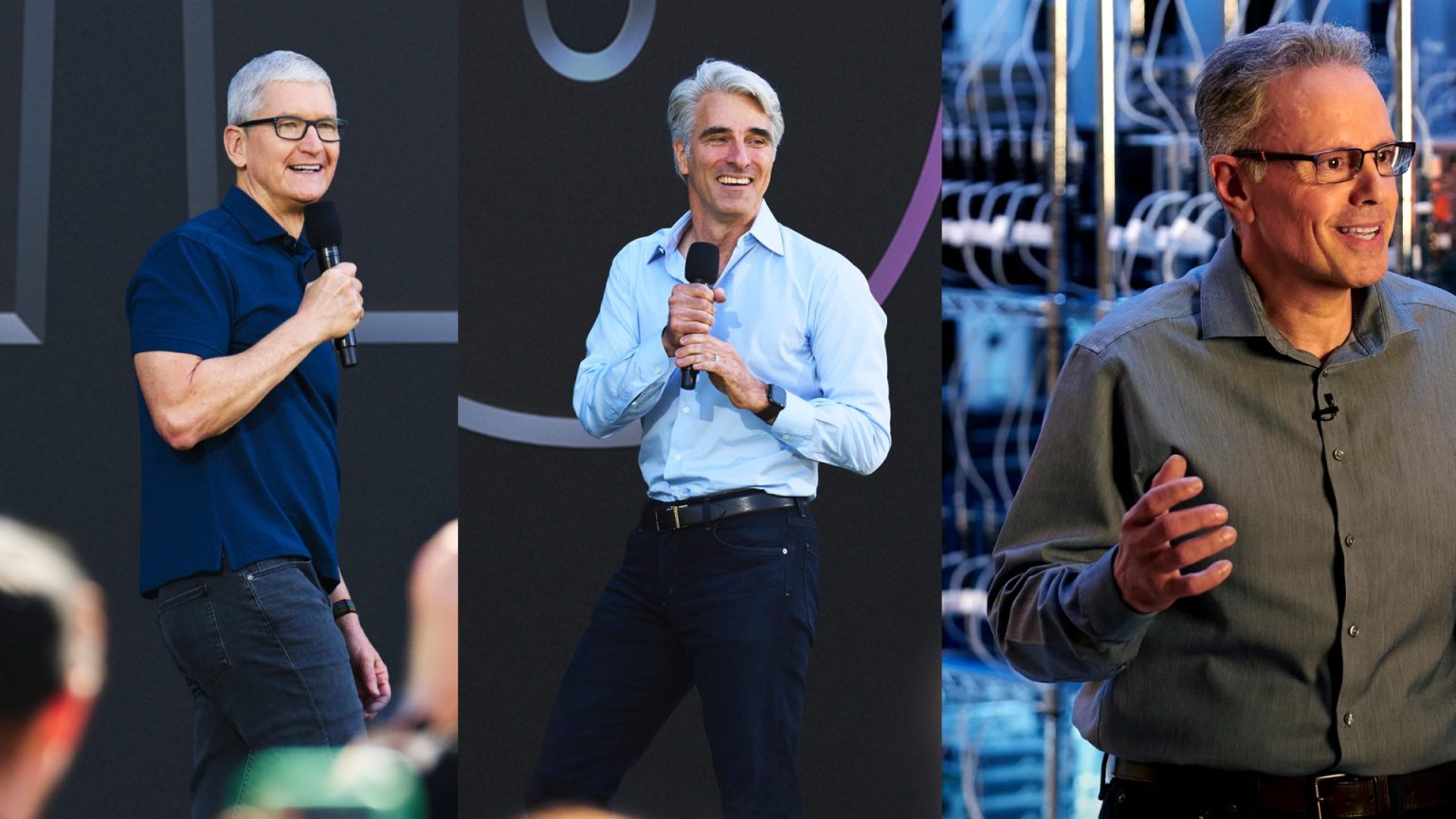 A composite image featuring three prominent Apple executives. On the left, Tim Cook, CEO of Apple, is smiling and speaking into a microphone, wearing a navy blue polo shirt and dark jeans, against a dark background. In the center, Craig Federighi, Apple’s Senior Vice President of Software Engineering, is also smiling and holding a microphone, dressed in a light blue button-up shirt and dark jeans, set against a similar dark backdrop. On the right, Johny Srouji, Apple’s Senior Vice President of Hardware Technologies, is speaking energetically, wearing glasses and a grey shirt, with a backdrop of intricate hardware and wires.