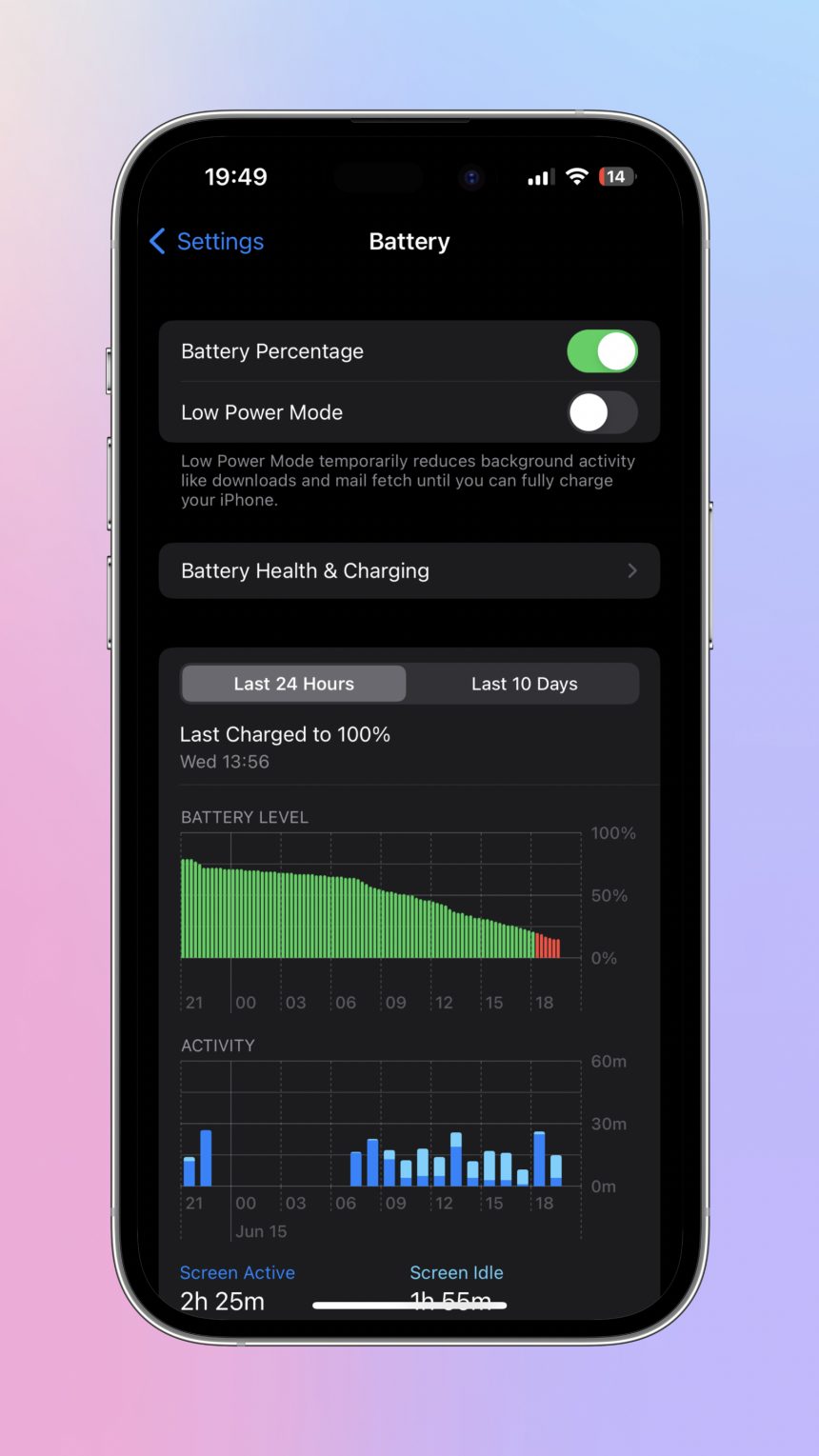 Screen iPhone battery settings.