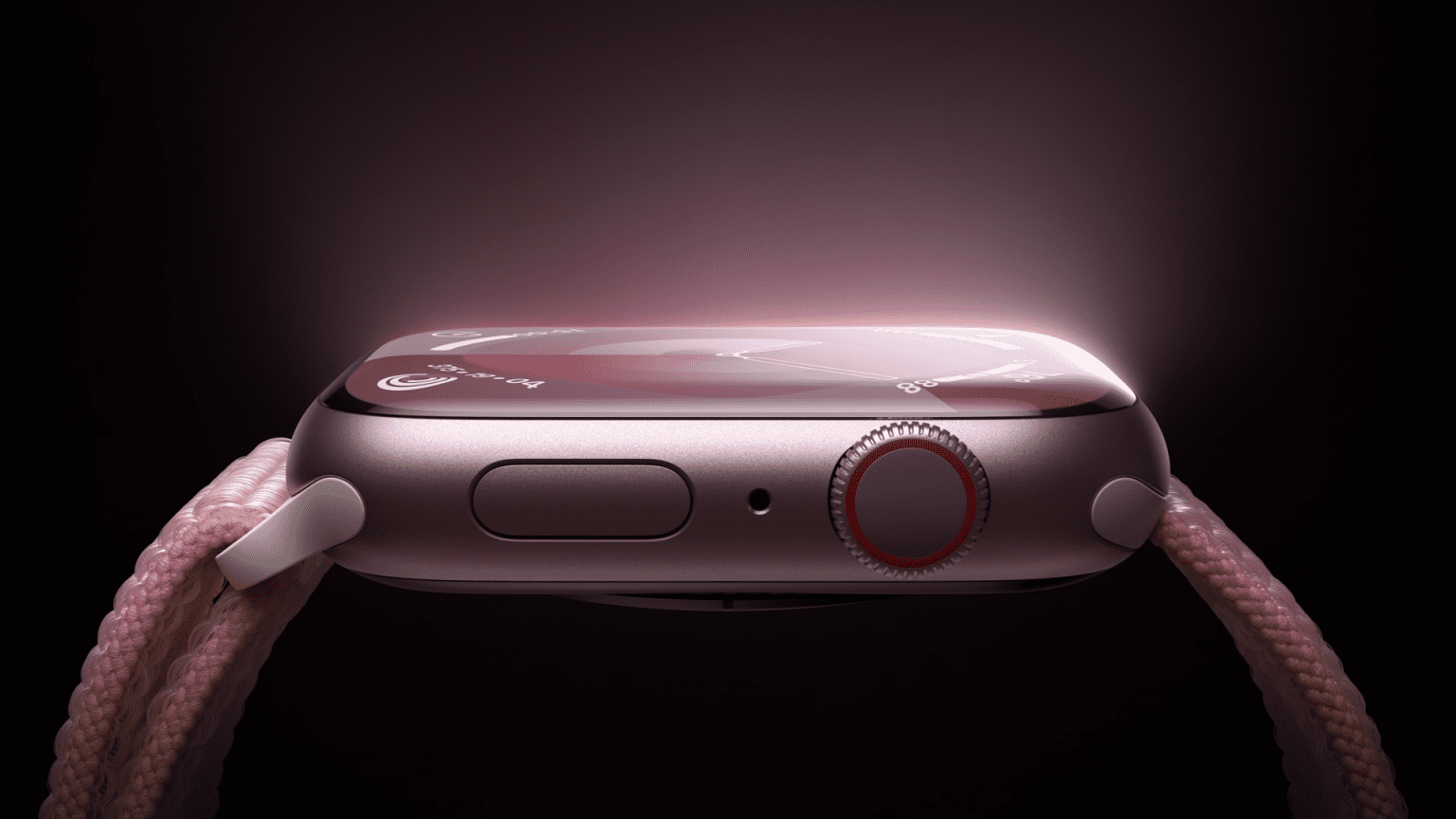 Right side profile view of pink Apple Watch Series 9