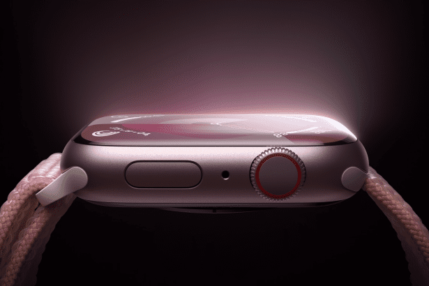 Right side profile view of pink Apple Watch Series 9