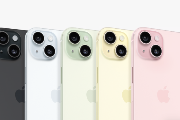 iPhone 15 showing backs with all five new colors - black, blue, green, yellow, and pink