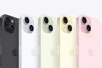 iPhone 15 showing backs with all five new colors - black, blue, green, yellow, and pink