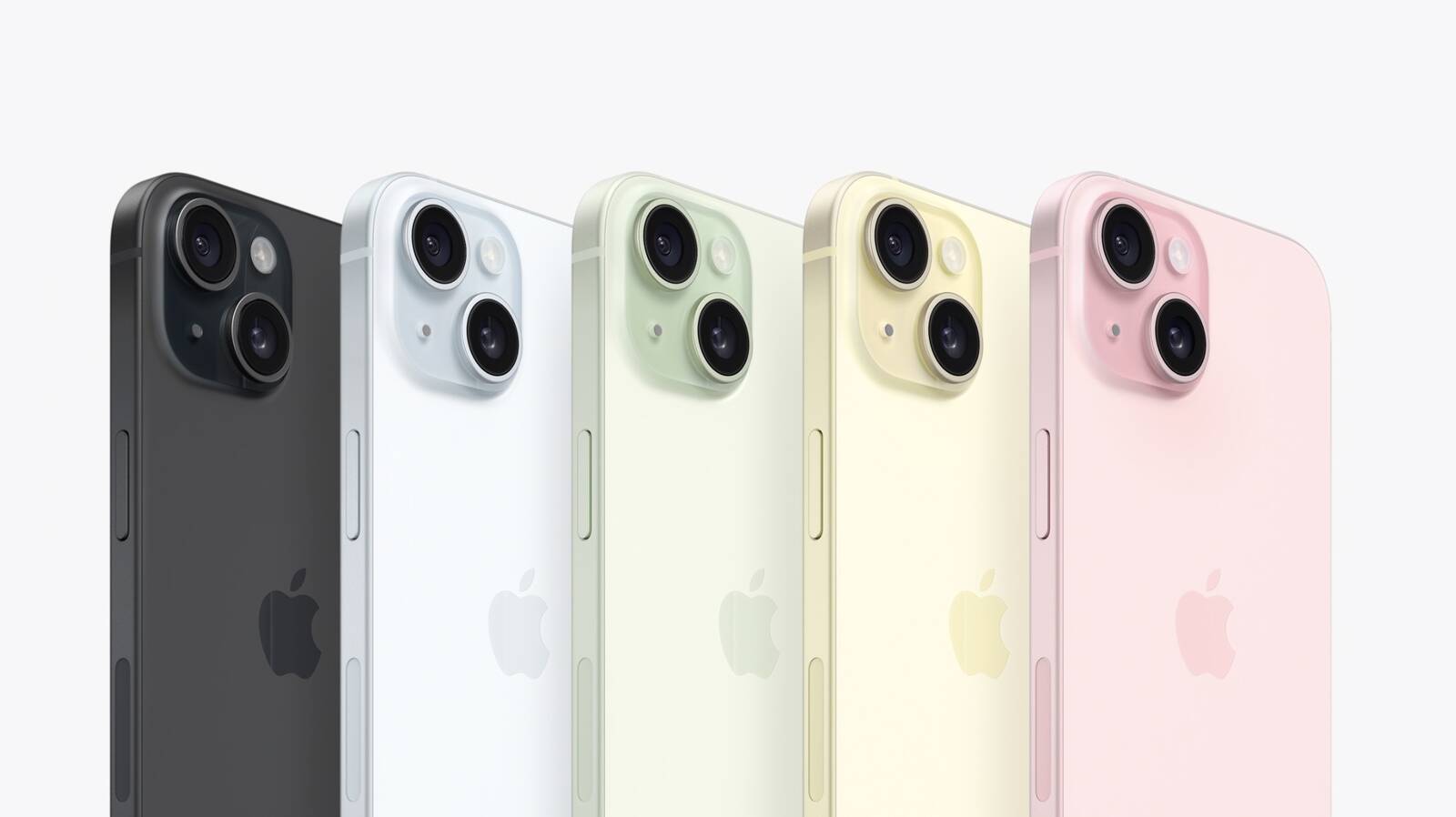 iPhone 15 showing backs with all five new colors - black, blue, green, yellow, and pink